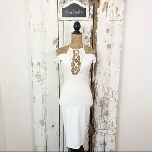 White Off the shoulder high neck plunge laced bust Open back white dress